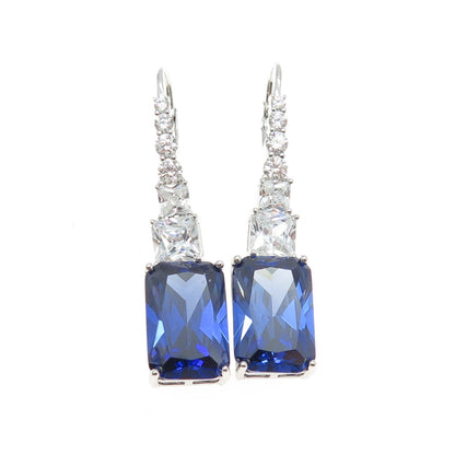 925 Sterling Silver Radiant & Princess-Cut Blue White C Z Graduated Earrings