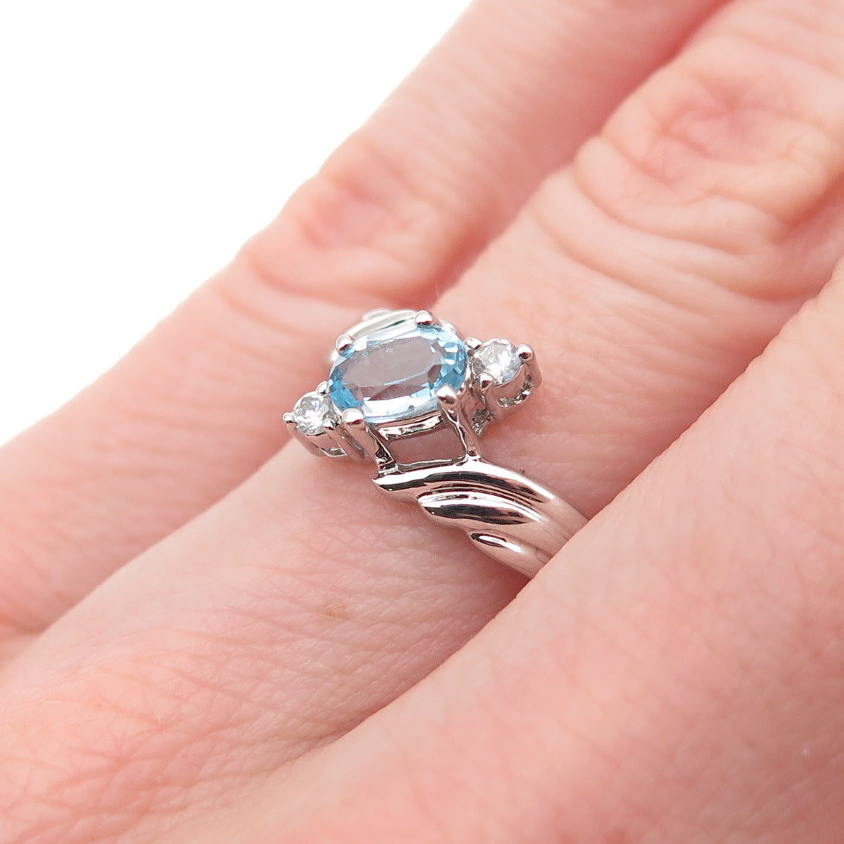 925 Sterling Silver Real Blue Topaz & C Z Bypass Ring Size 6