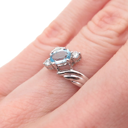 925 Sterling Silver Real Blue Topaz & C Z Bypass Ring Size 6