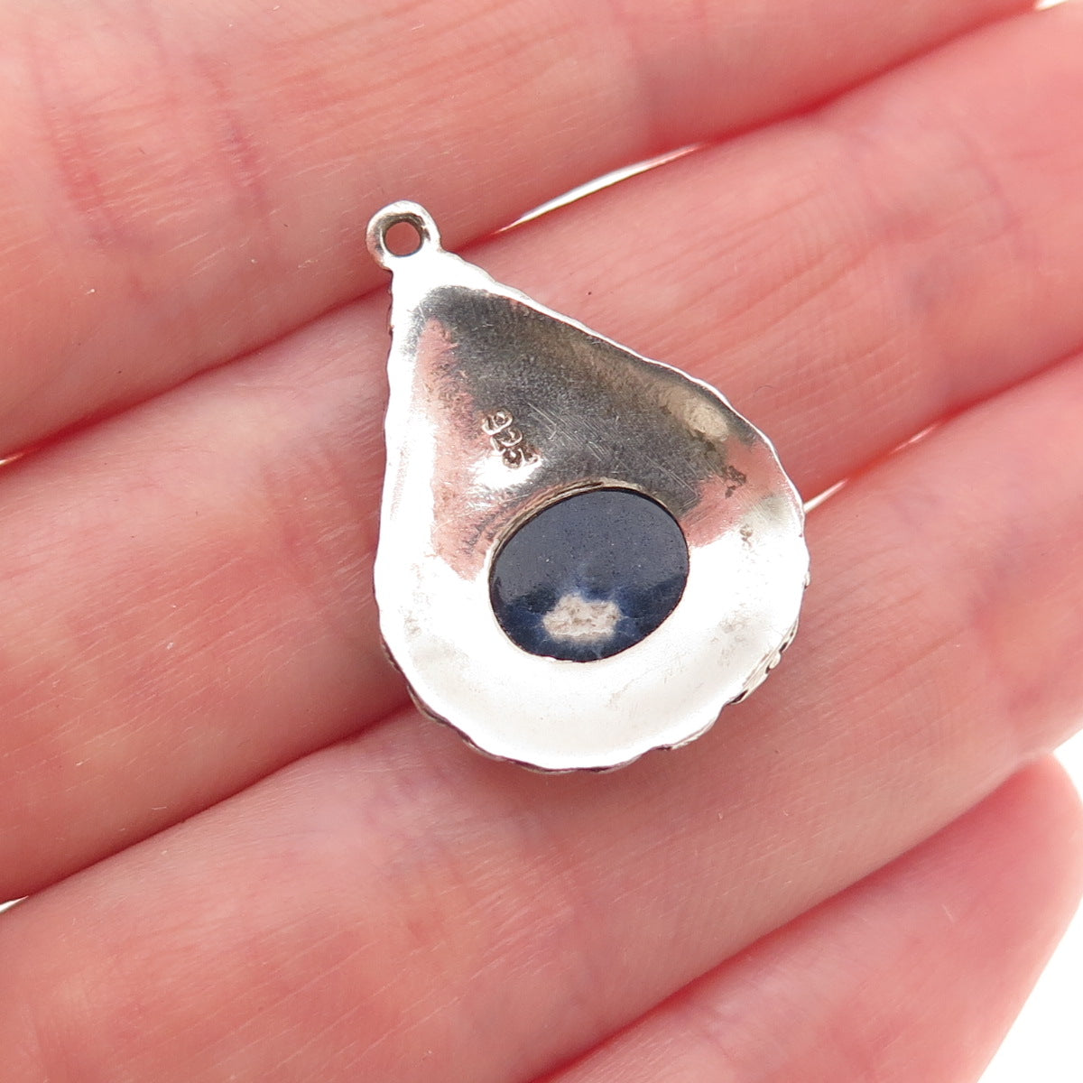 925 Sterling Silver Vintage Real Sodalite Teardrop Oxidized Charm Pendant