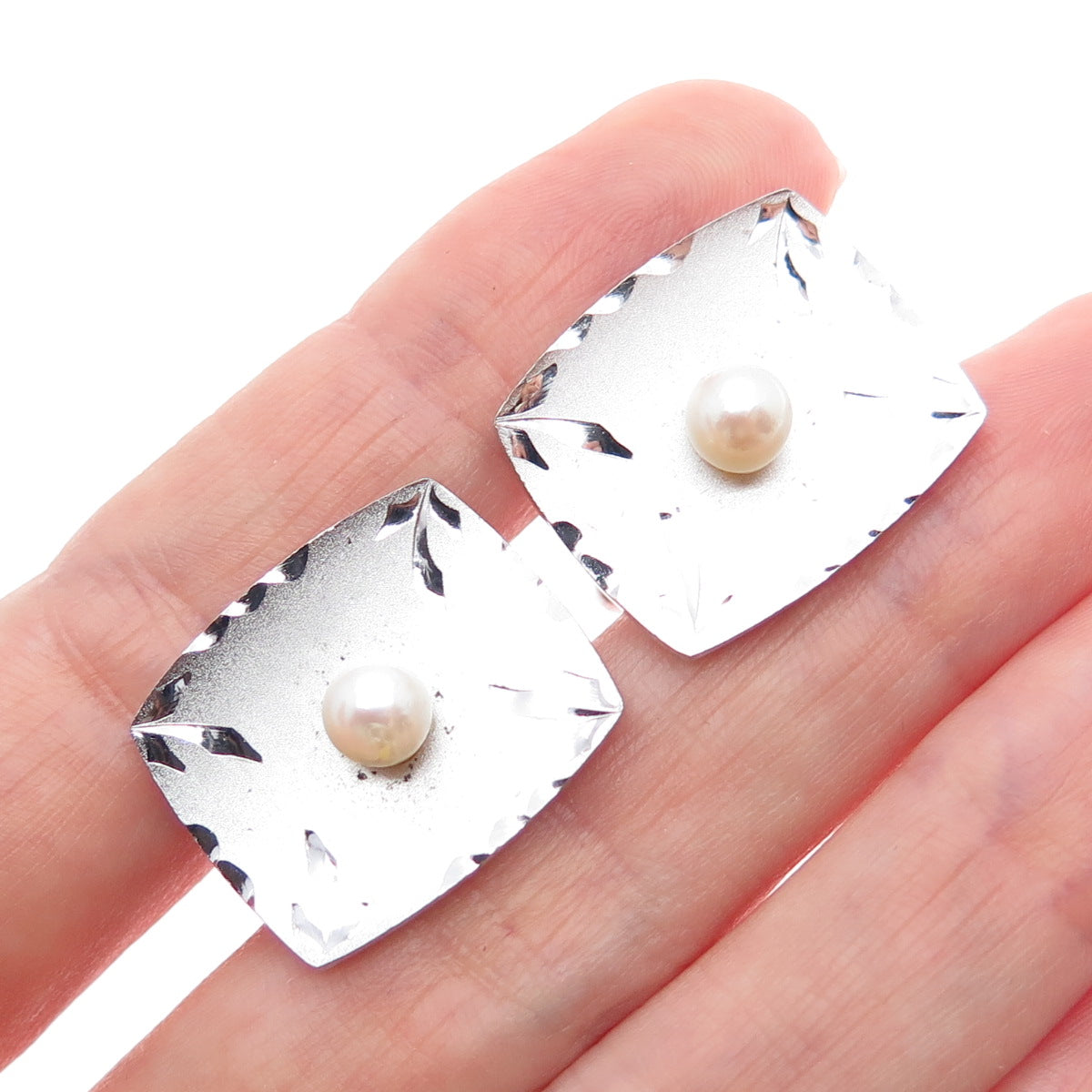 925 Sterling Silver Antique Art Deco Real Akoya Pearl Engraved Cufflinks