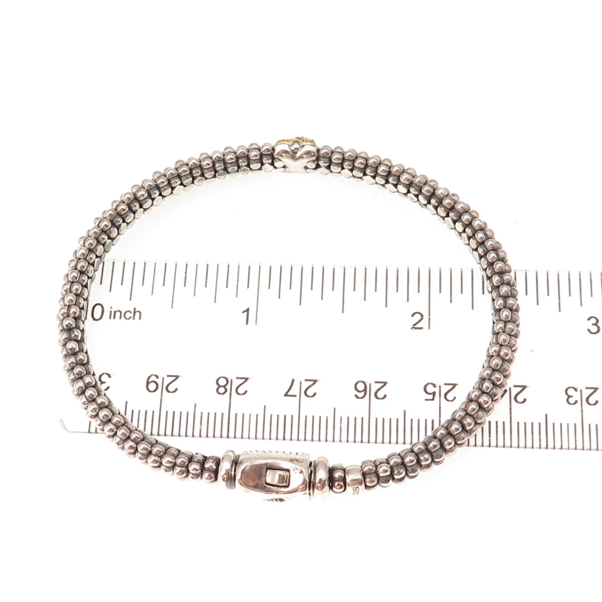 Lagos 925 Sterling Silver 18K Gold Real Diamond X-Shape Caviar Bracelet 6.75"