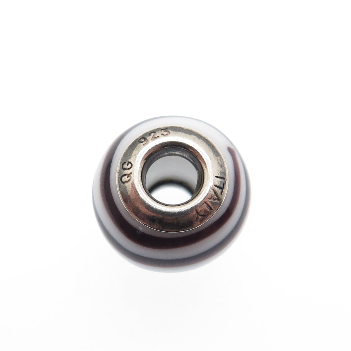 925 Sterling Silver QG Italy Chocolate & White Murano Glass Bead Charm