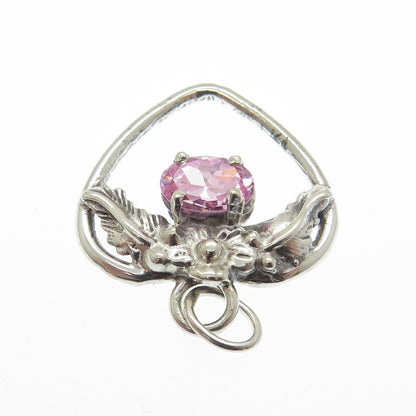 925 Sterling Silver Vintage Oval-Cut Pink C Z Flower Heart Pendant