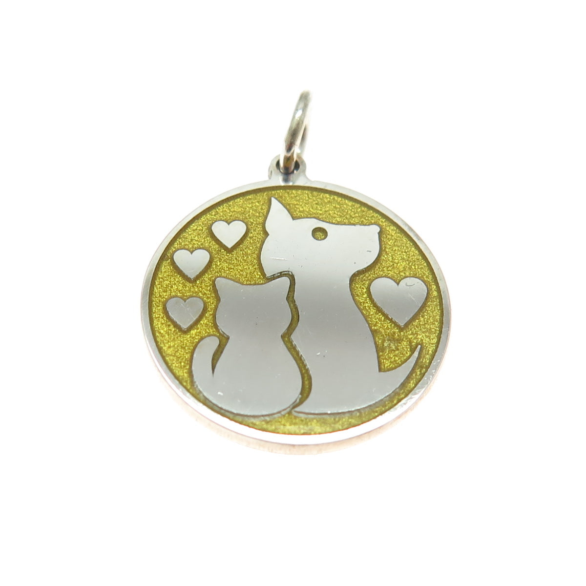 925 Sterling Silver Yellow Enamel Dog & Cat Friendship Minimalist Charm Pendant