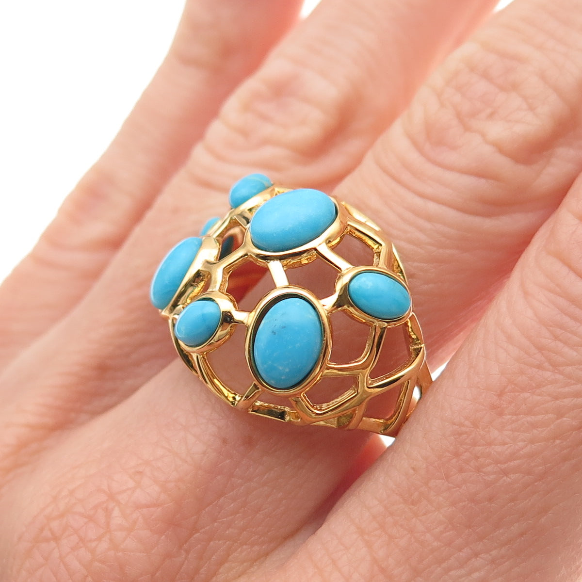 Tehya Oyama 925 Sterling Silver Gold Plated Real Turquoise Ring Size 8.25