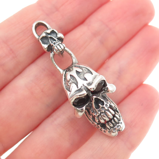 Fly Art Sterling Silver Vintage Real Red Garnet Skull Oxidized 3D Charm Pendant