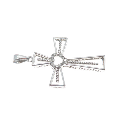 925 Sterling Silver Real Round-Cut Diamond Heart Cross Charm Pendant