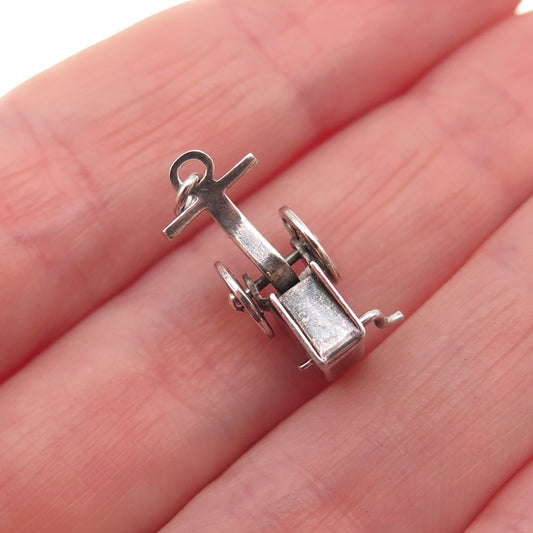 925 Sterling Silver Antique Art Deco Wheel Cart 3D Mini Charm Pendant