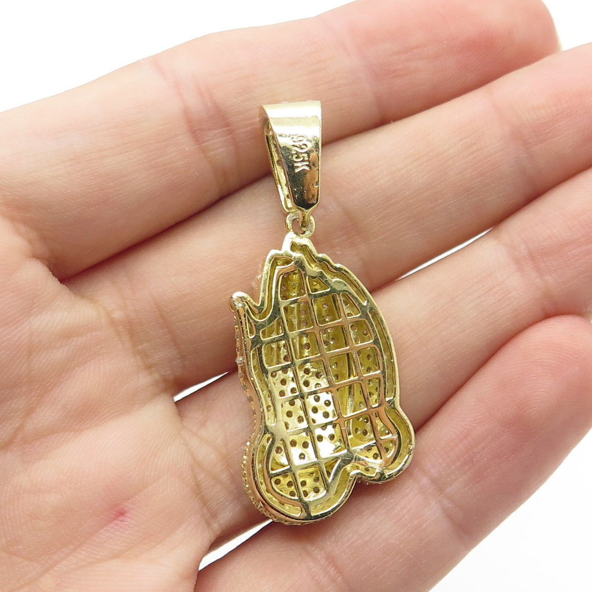 925 Sterling Silver Gold Plated Round-Cut C Z Praying Hands Pendant