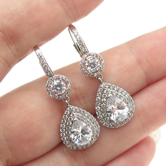 925 Sterling Silver Round & Pear-Cut C Z Dangle Teardrop Earrings