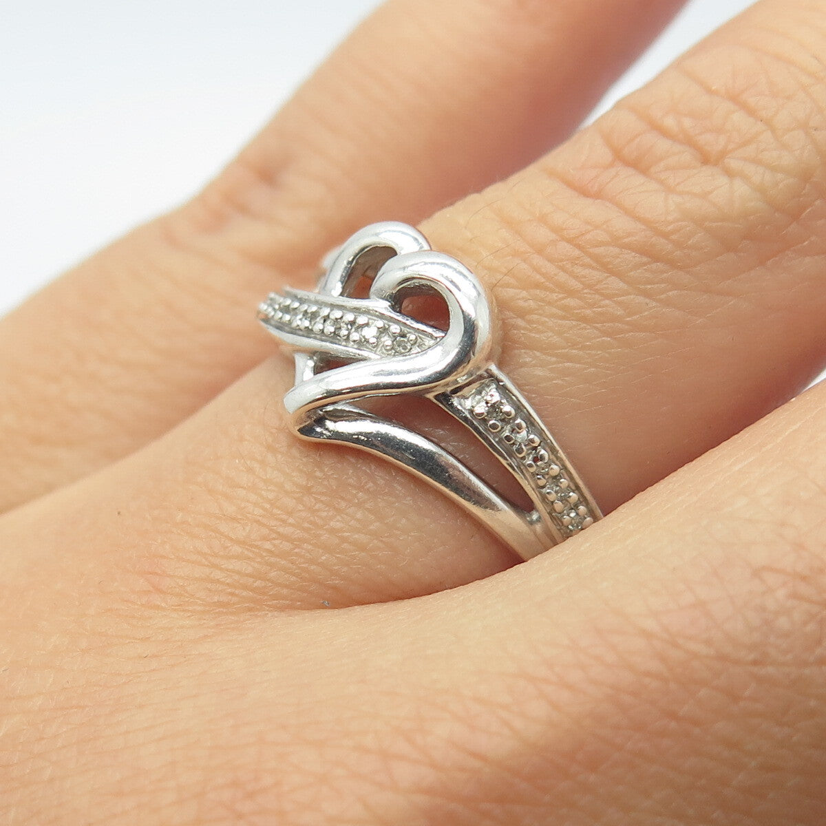 925 Sterling Silver Real Round-Cut White Diamond Heart Ring Size 6.75
