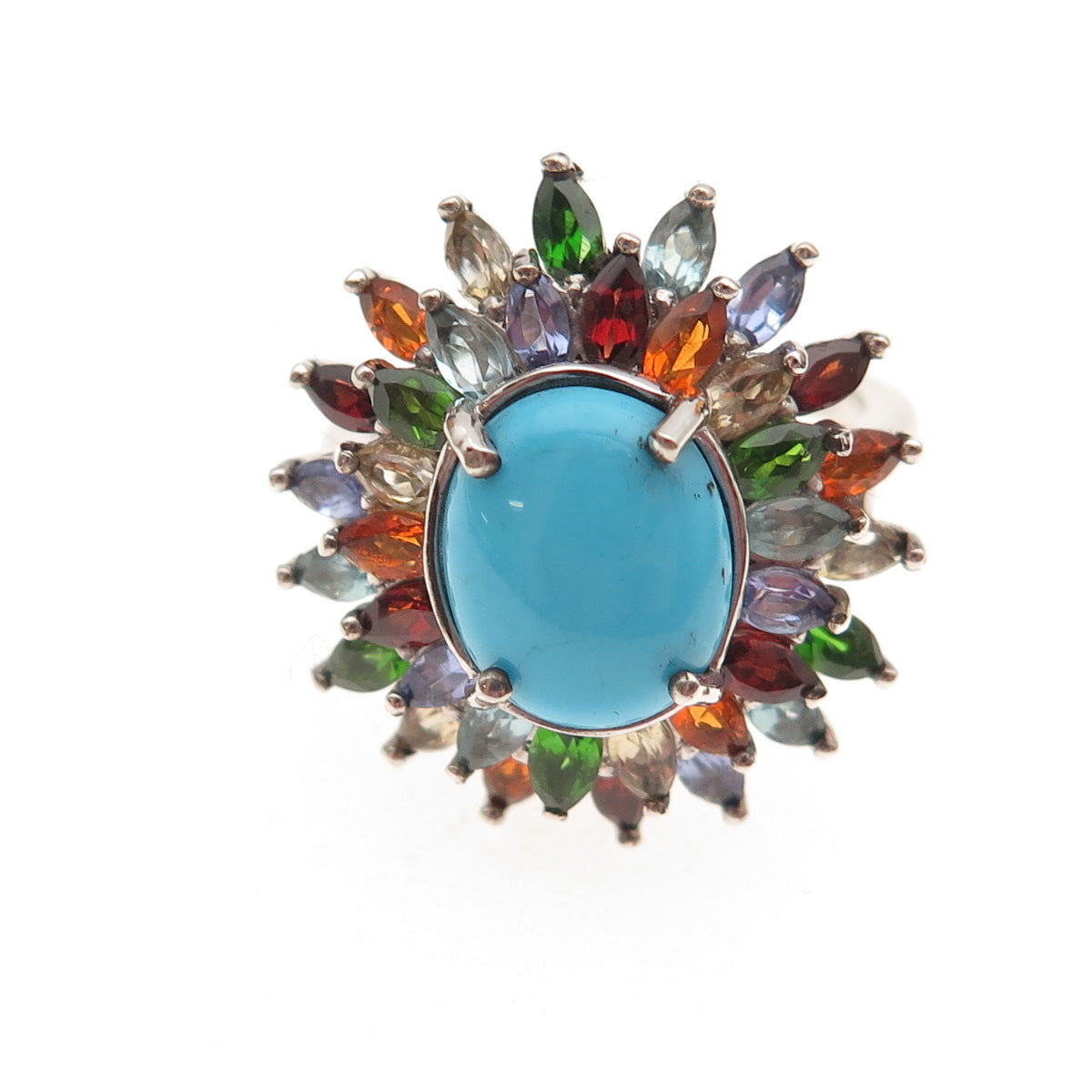 D'Joy 925 Sterling Silver Real Turquoise & Multi-Color Gem Ring Size 8