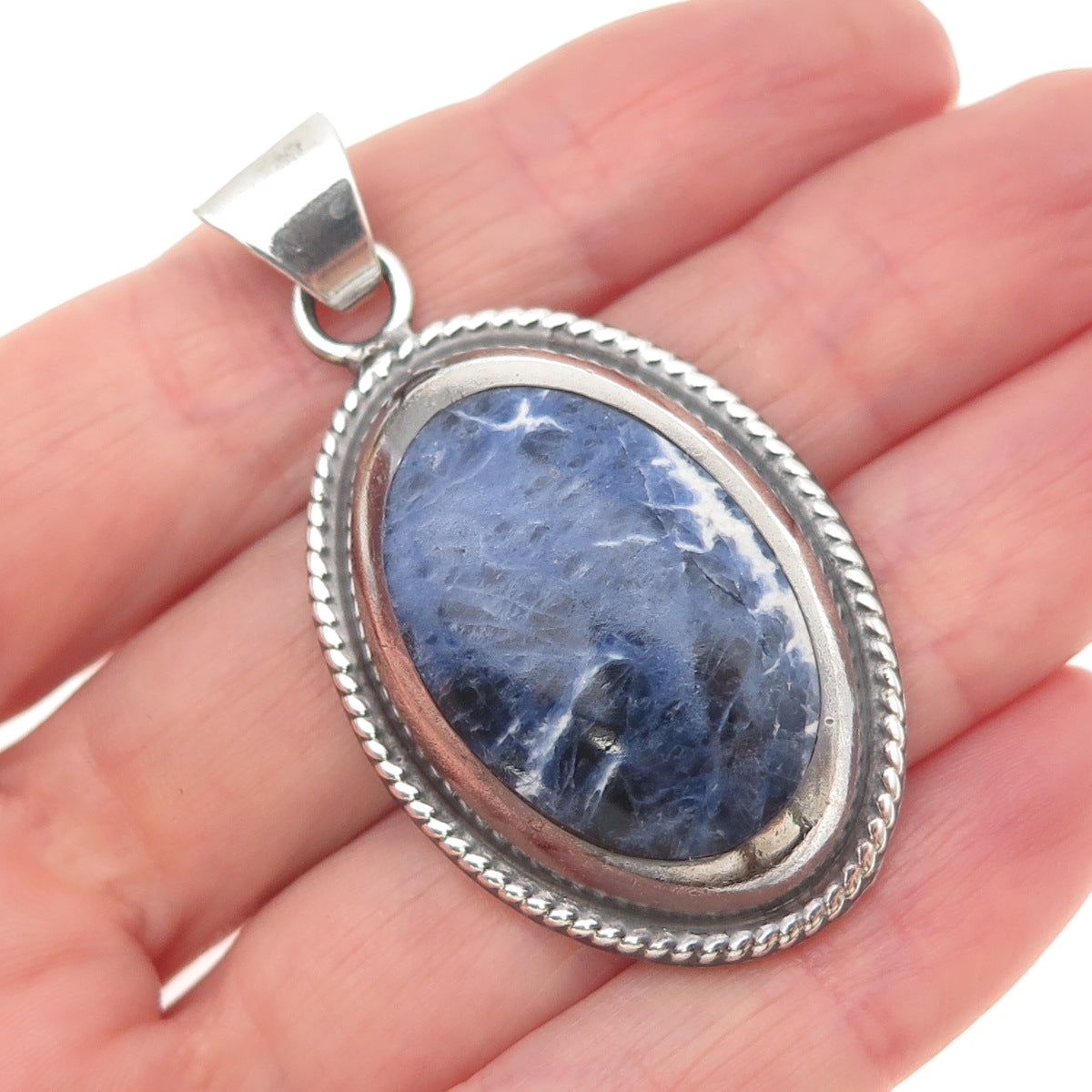 925 Sterling Silver Vintage Real Cabochon Sodalite Oxidized Pendant