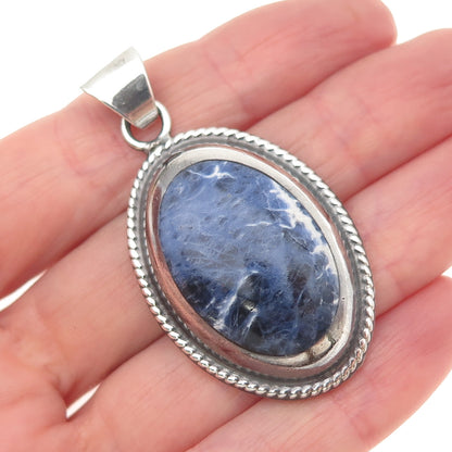 925 Sterling Silver Vintage Real Cabochon Sodalite Oxidized Pendant