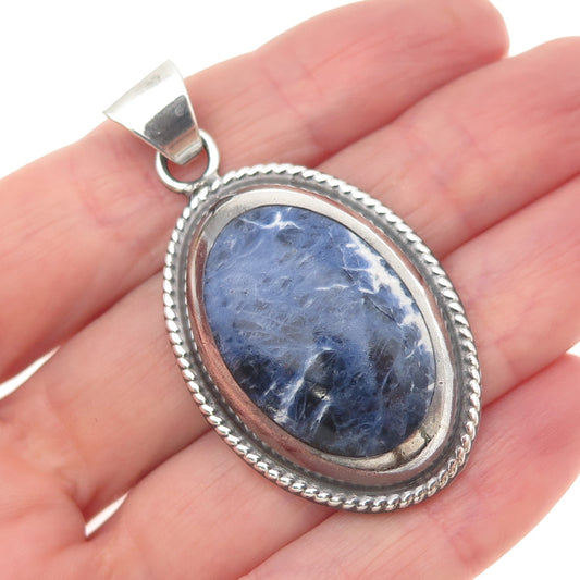 925 Sterling Silver Vintage Real Cabochon Sodalite Oxidized Pendant