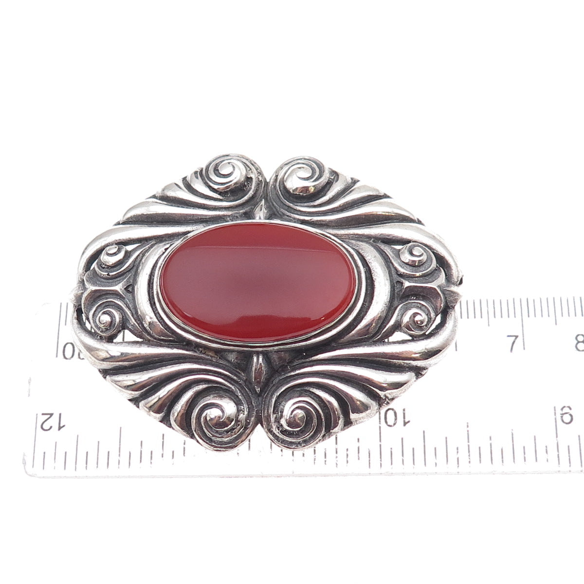 925 Sterling Silver Vintage Real Carnelian Modernist Oxidized Pin Brooch