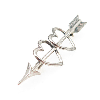BEAU 925 Sterling Silver Antique Art Deco Couple Heart Arrow Oxidized Pin Brooch