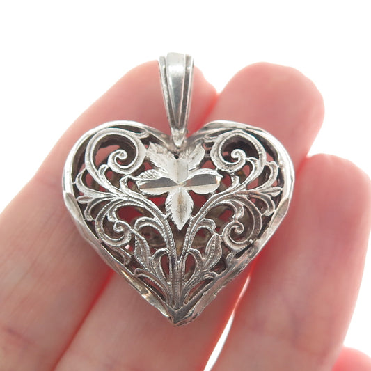 925 Sterling Silver Vintage Diamond-Cut Ornate Floral Heart Pendant