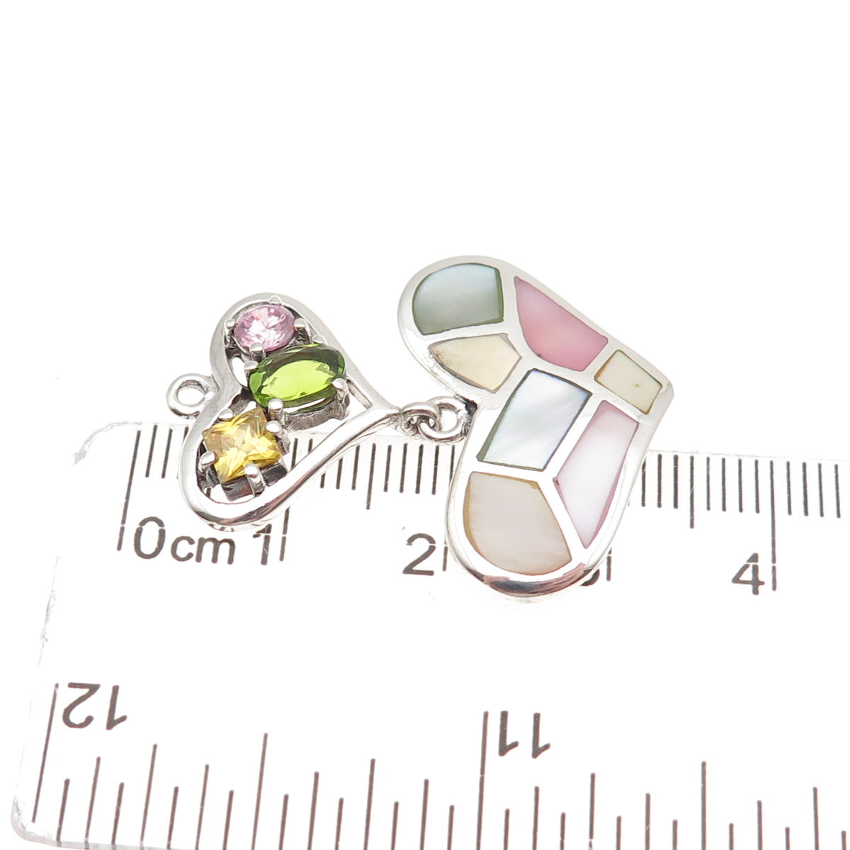 925 Sterling Silver Real MOP Peridot Citrine & Pink C Z Heart Charm Pendant