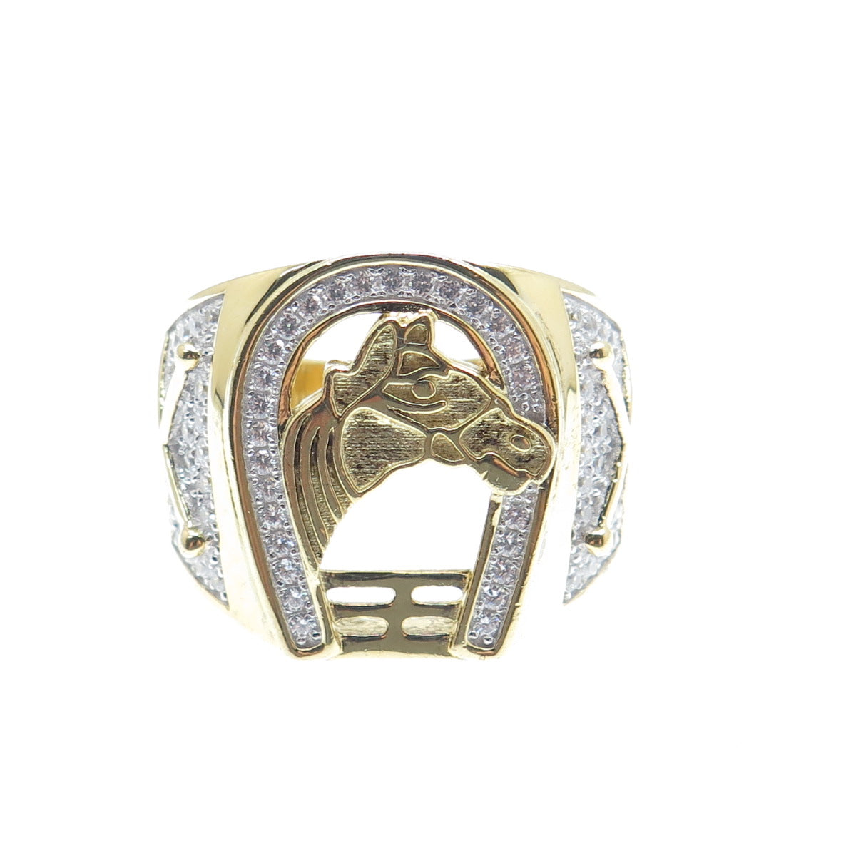 925 Sterling Gold Plated C Z Horse & Horseshoe for Good Luck Wide Ring Size 11.5