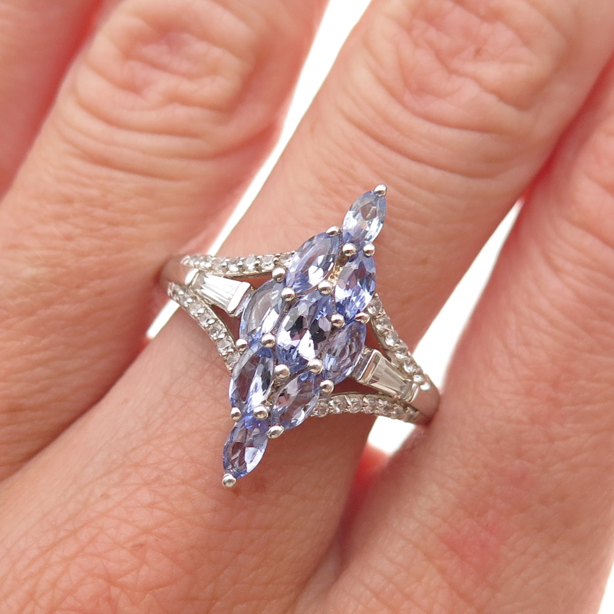 Chuck Clemency 925 Sterling Silver Real Tanzanite & White Topaz Ring Size 8.25