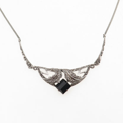 935 Silver Antique Art Deco Real Black Onyx Chain Necklace 18" (missing lock)