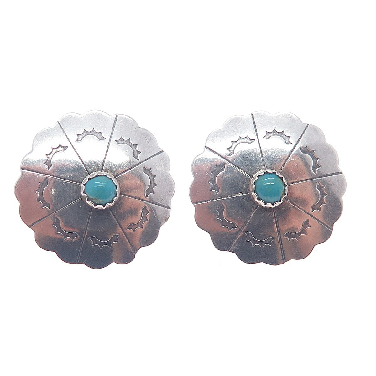 Old Pawn Sterling Silver Vintage Southwestern Turquoise Flower Tribal Earrings