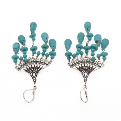 SX Sally C 925 Sterling Silver Vintage Real Turquoise Chandelier Dangle Earrings