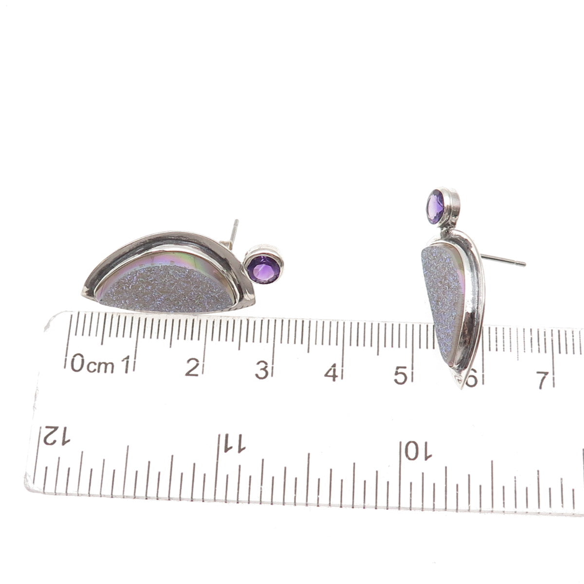 H & BJ Mackie 925 Sterling Silver Vintage Real Druzy Amethyst Modernist Earrings