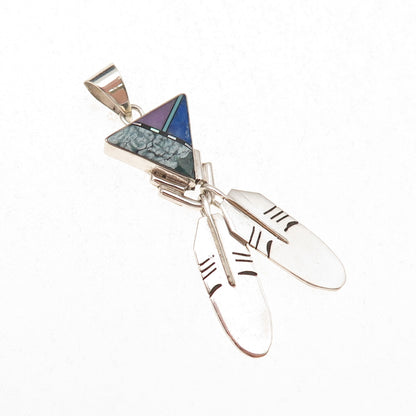 Duran Gasper Zuni Old Pawn 925 Sterling Silver Vintage Multi-Gem Feather Pendant