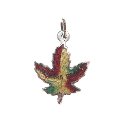BMCO 925 Sterling Silver Antique "Niagara Falls" Enamel Maple Leaf Charm Pendant