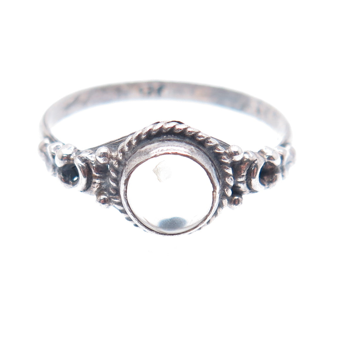 925 Sterling Silver Vintage Clear Glass Oxidized Ring Size 7.5