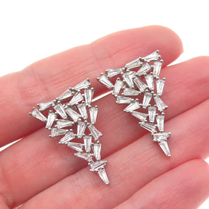 925 Sterling Silver Tapered Baguette-Cut C Z Cluster Triangle Earrings