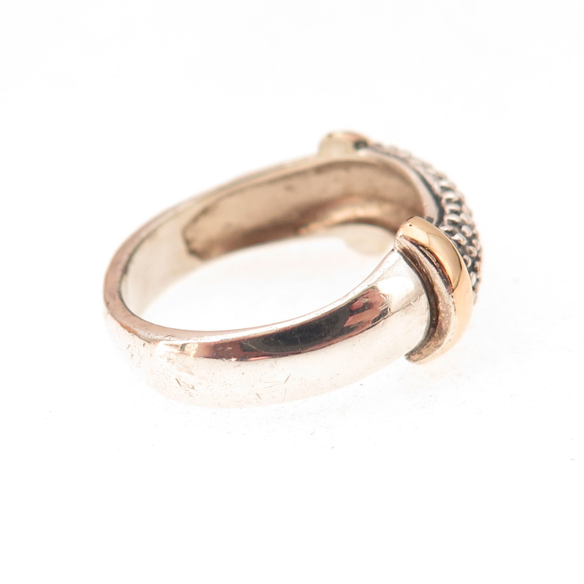 925 Sterling Silver 14K Gold Vintage Dotted Modernist Oxidized Wavy Ring Size 6