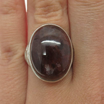 925 Sterling Silver Vintage Real Cabochon Agate Hammered Ring Size 7