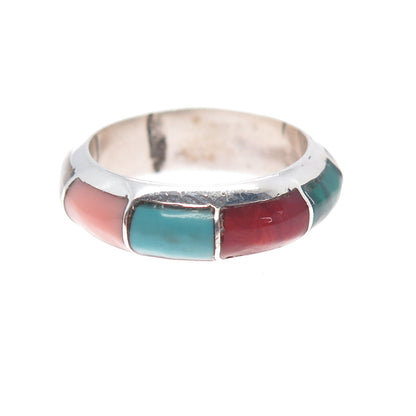 Jared Chavez Old Pawn Sterling Turquoise Malachite Coral Onyx MOP Ring Size 6.5