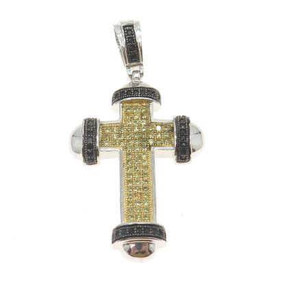 925 Sterling Silver Round-Cut Canary & Black C Z Cross Pendant