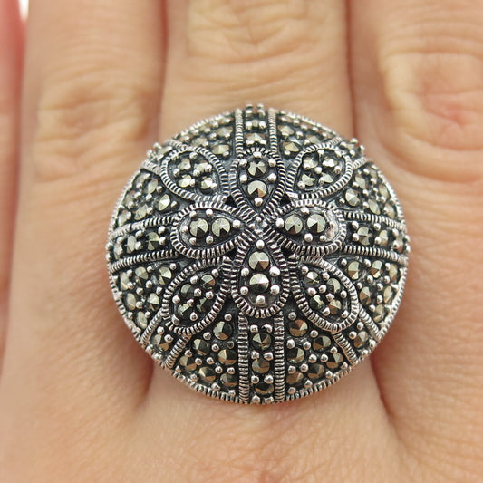 925 Sterling Silver Vintage Real Marcasite Floral Dome Ring Size 7.5
