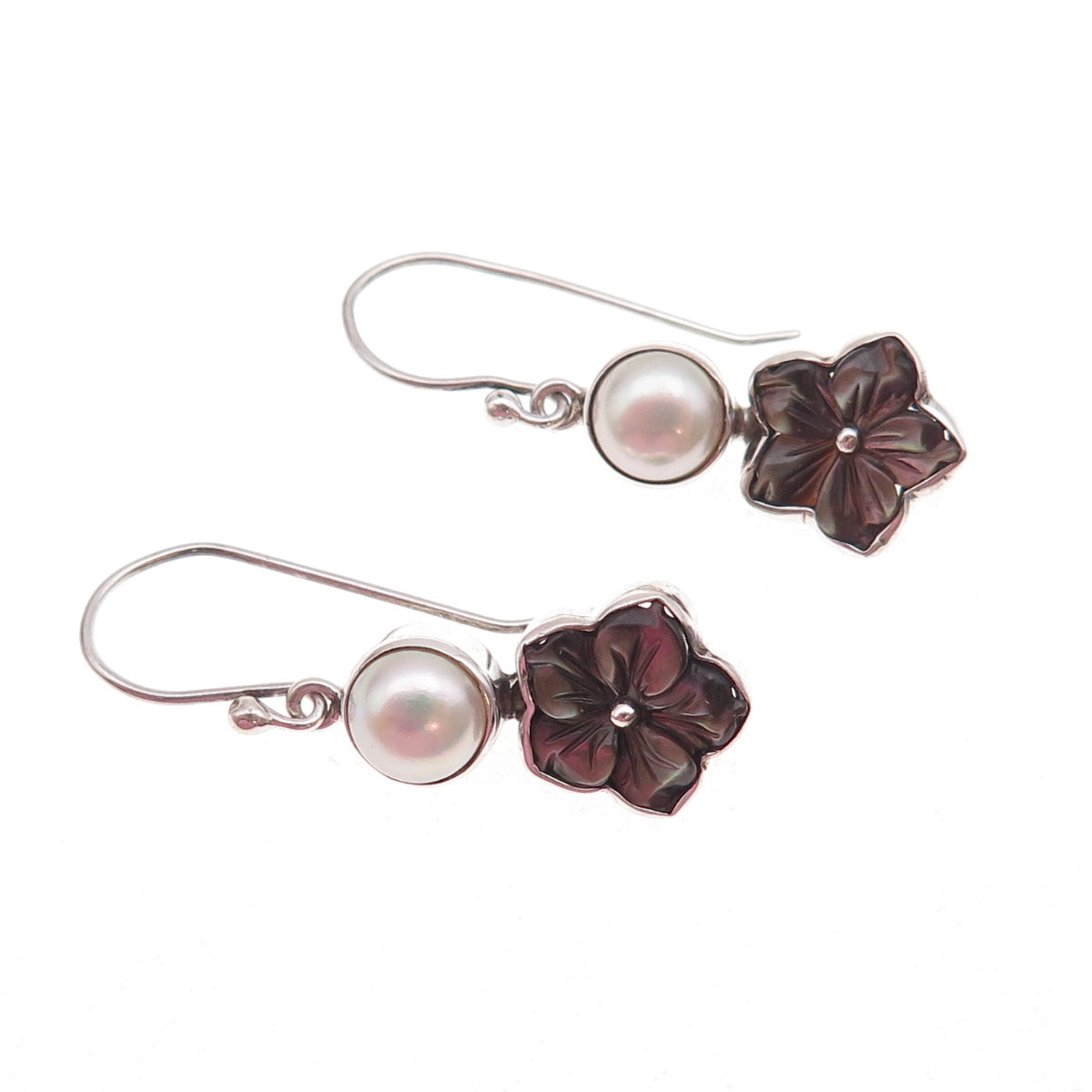 925 Sterling Silver Vintage Real Pearl & Abalone Shell Floral Dangle Earrings