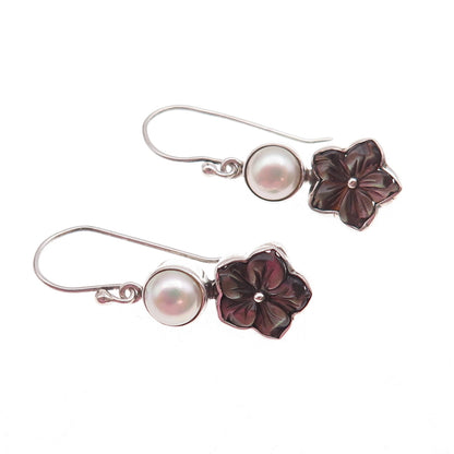 925 Sterling Silver Vintage Real Pearl & Abalone Shell Floral Dangle Earrings