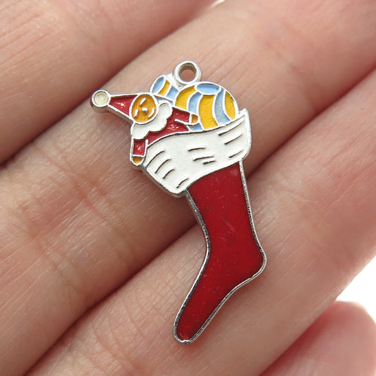 WELLS 925 Sterling Silver Antique Colorful Enamel Christmas Sock Charm Pendant