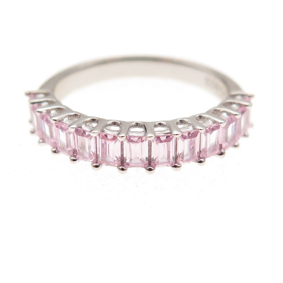 925 Sterling Silver Emerald-Cut Pink C Z Half Eternity Band Ring Size 6