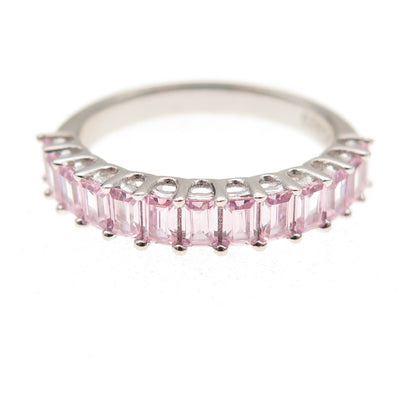 925 Sterling Silver Emerald-Cut Pink C Z Half Eternity Band Ring Size 6