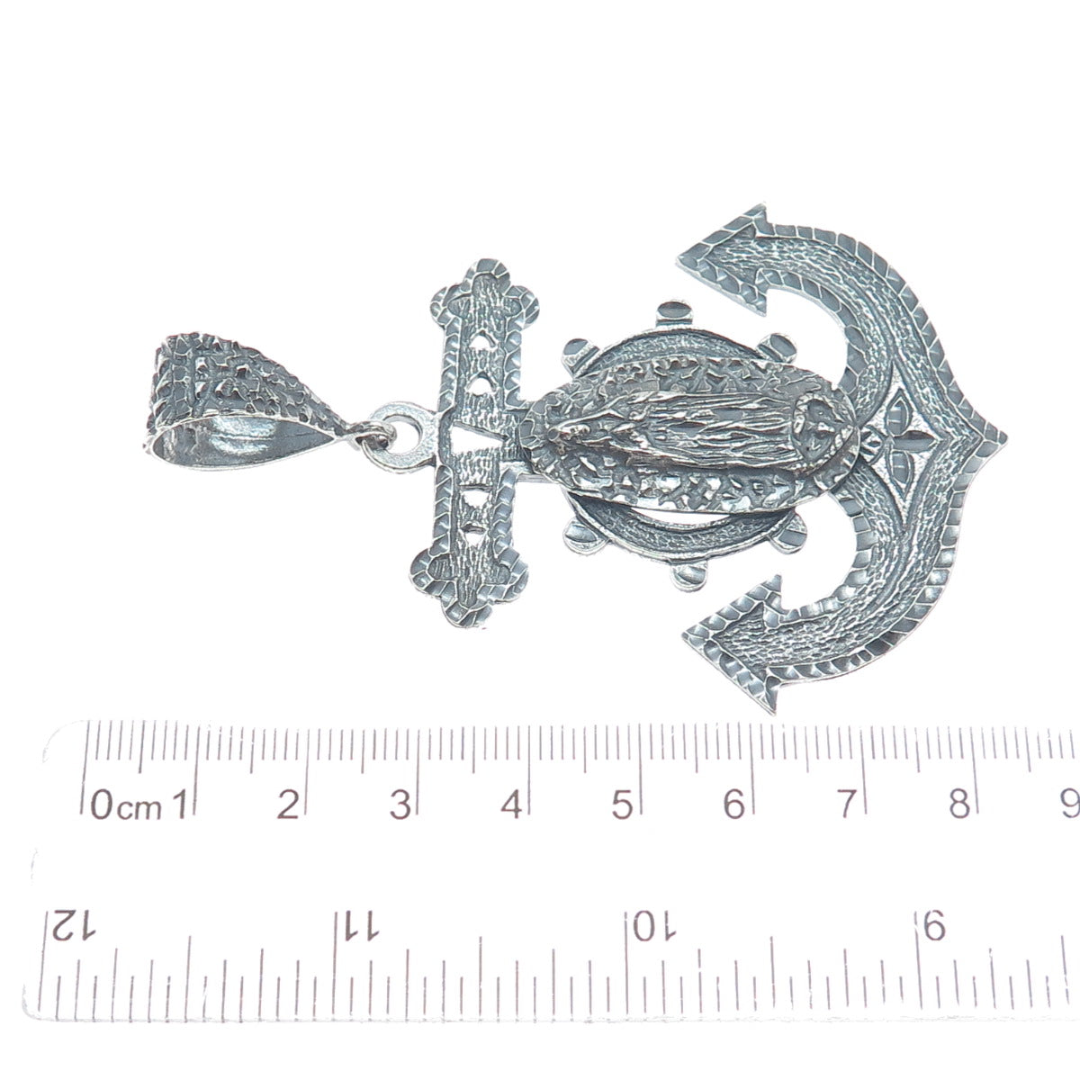 925 Sterling Silver Vintage St. Mary Anchor Diamond-Cut Oxidized Pendant