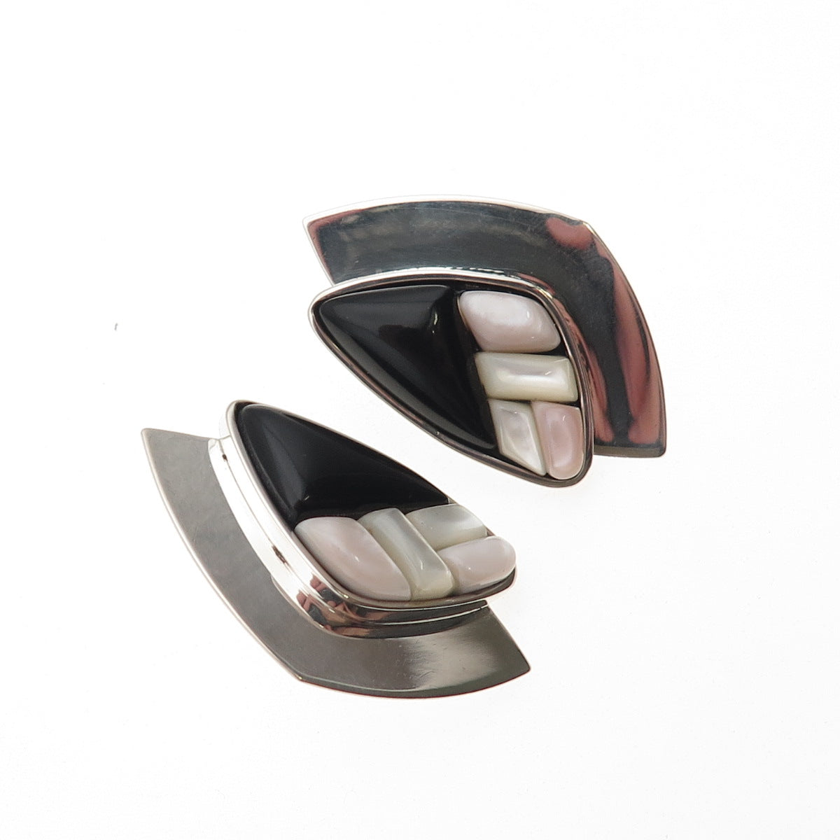 Jay King Desert Rose 925 Sterling Vintage Real Black Onyx MOP Modernist Earrings