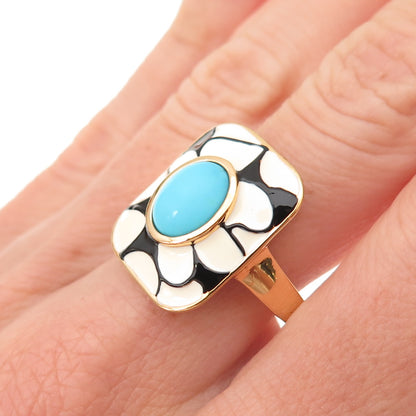 D'Joy 925 Sterling Silver Gold Plated Enamel Real Turquoise Ring Size 8.25