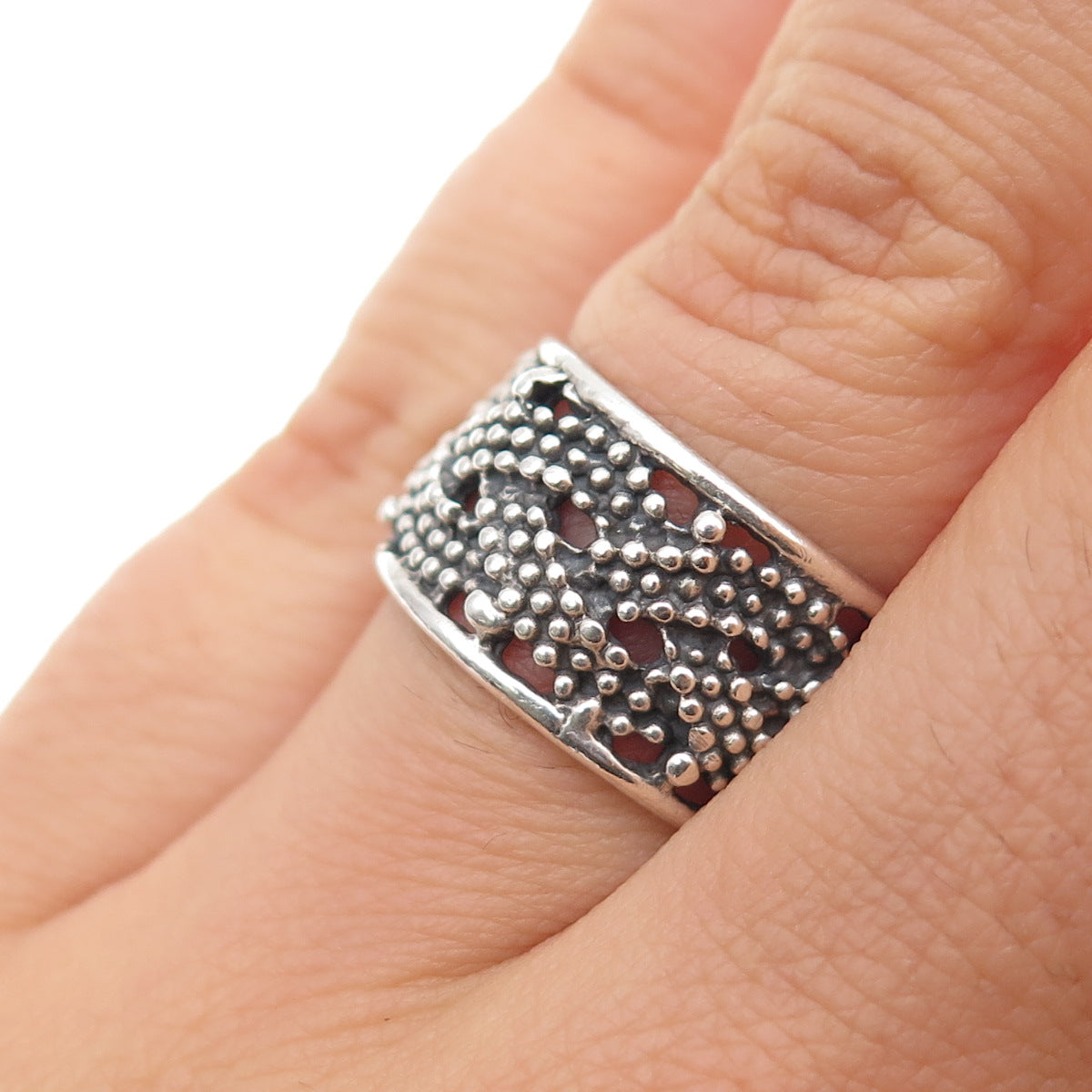 925 Sterling Silver Vintage Woven Granulated Oxidized Band Ring Size 6.75