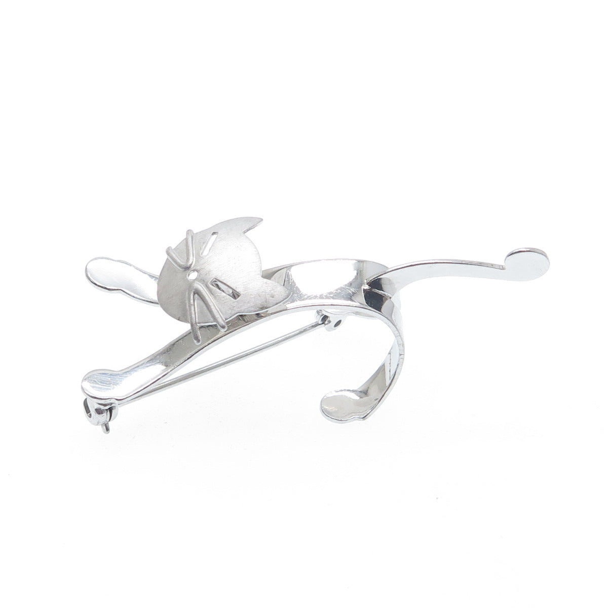 BEAU 925 Sterling Silver Vintage Stretching Cat Movable Head Pin Brooch