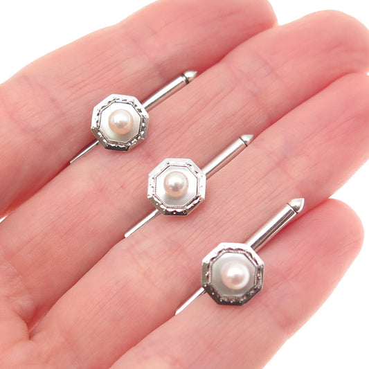 Mikimoto 925 Sterling Antique Japan Real Akoya Pearl SET of 3 Tuxedo Shirt Studs